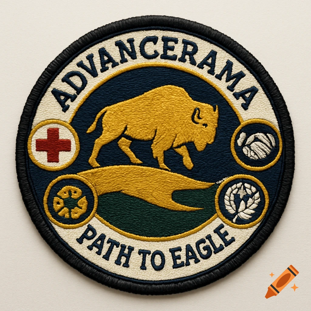 Embroidered patch with a gold buffalo, red cross, handshake, recycling, olive branch, and 'ADVANCERAMA PATH TO EAGLE' text.