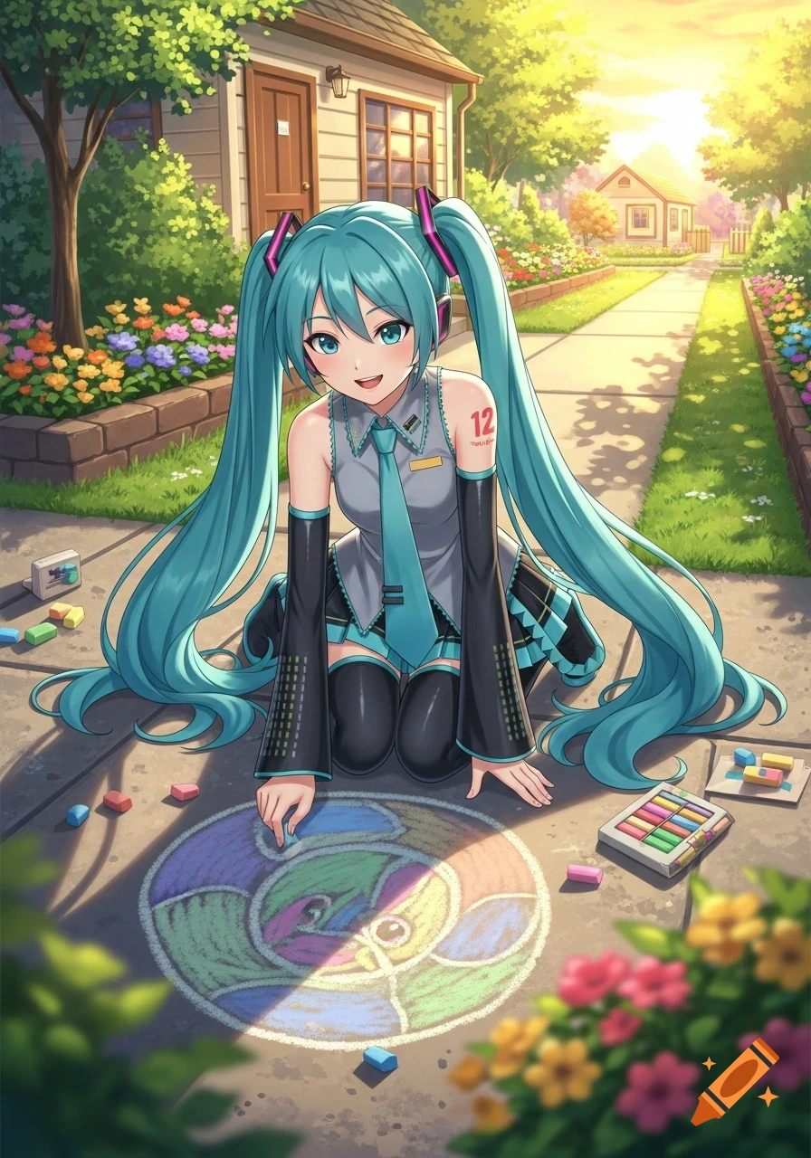 Anime-style Hatsune Miku kneels on a sidewalk, drawing with colorful chalk, in front of a house on a sunny day.