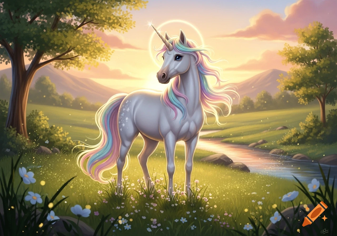 A white unicorn with a rainbow mane and tail stands in a lush meadow with wildflowers and a sparkling stream at sunset.