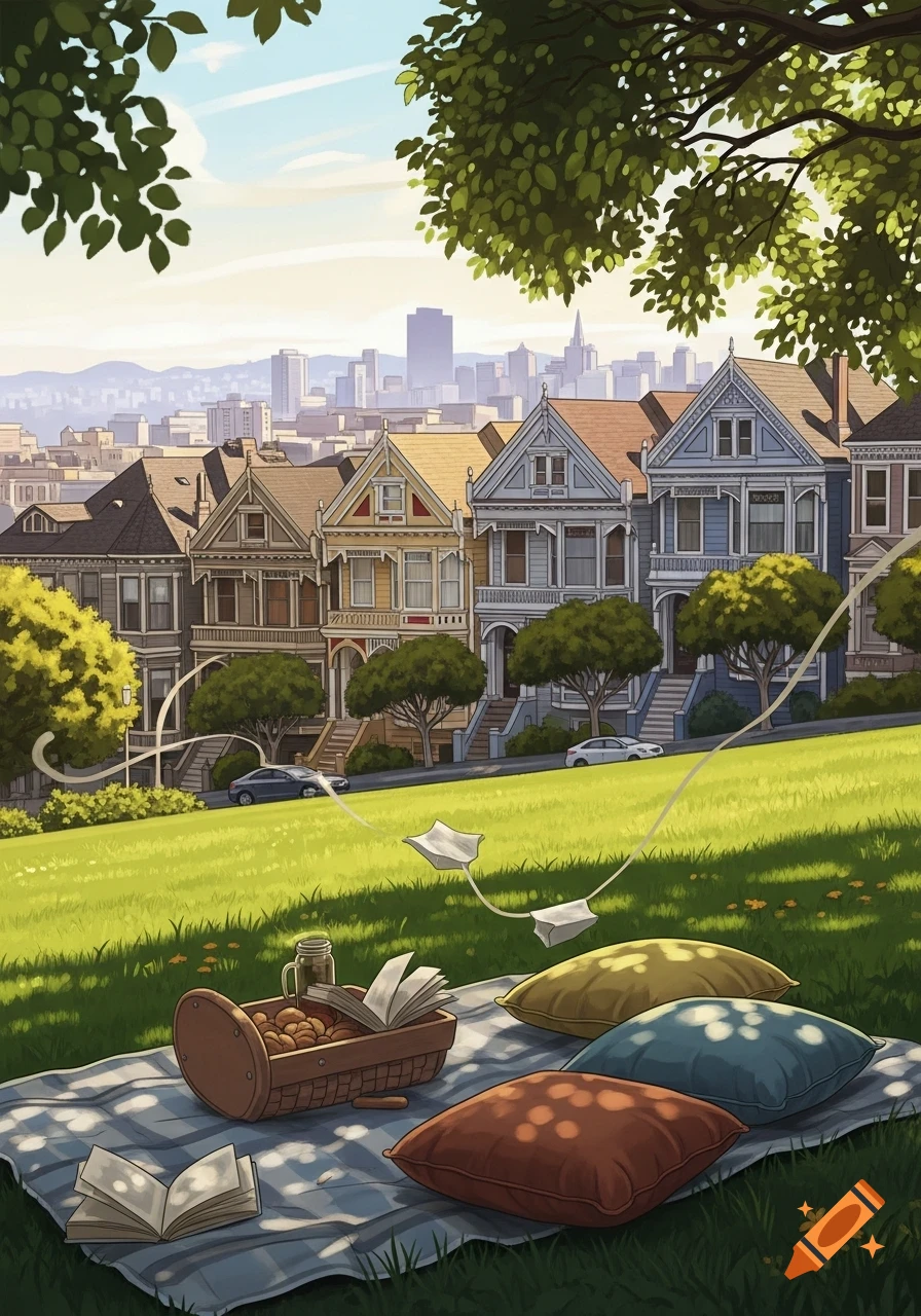 Illustrated picnic on a grassy hill overlooking San Francisco's Painted Ladies houses and city skyline.