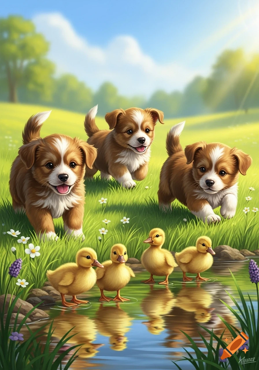 Three fluffy brown and white puppies and four yellow ducklings by a pond in a bright green field with white flowers under a sunny blue sky.
