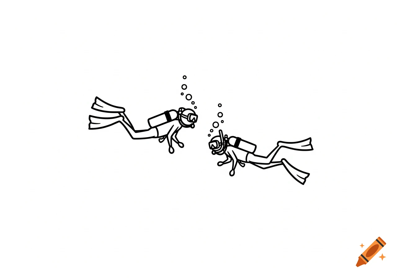 Two black outline stick figure scuba divers with bubbles on a white background.