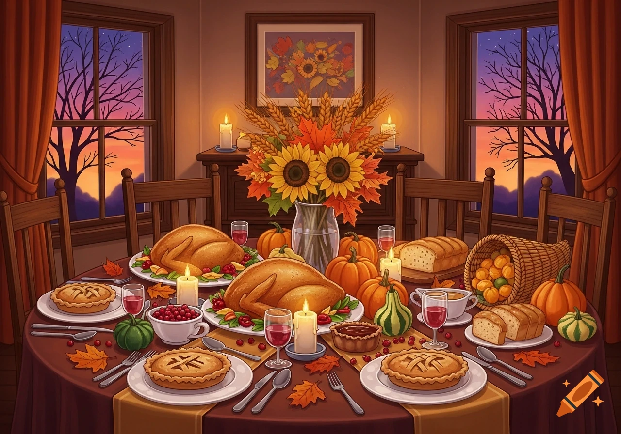 An illustrated Thanksgiving dinner table set with roasted turkeys, pies, pumpkins, and fall decor, with sunset views from windows.
