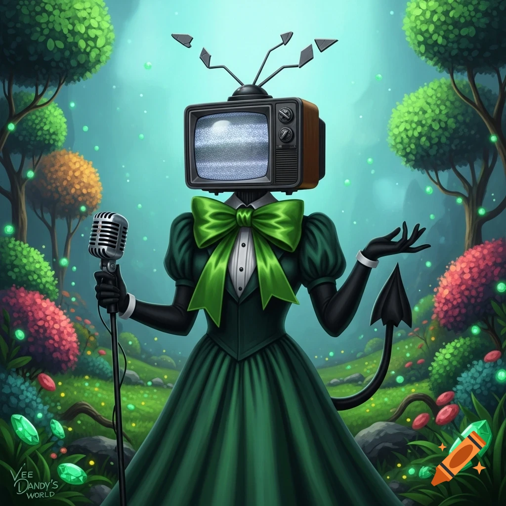 A character with a vintage TV for a head, wearing a green ball gown and a large green bow, holds a microphone in a magical forest.