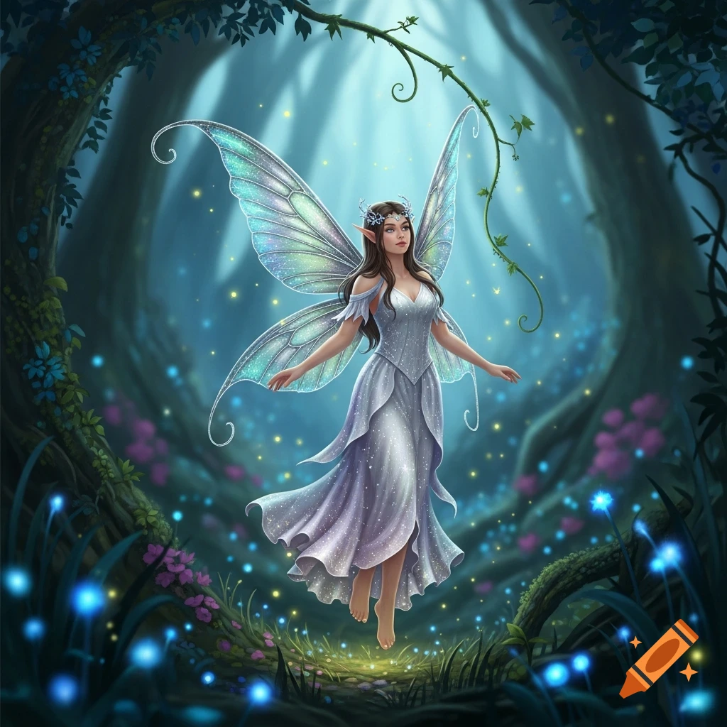 A mystical fairy with shimmering wings and a white gown floats in an enchanted forest filled with glowing blue lights.