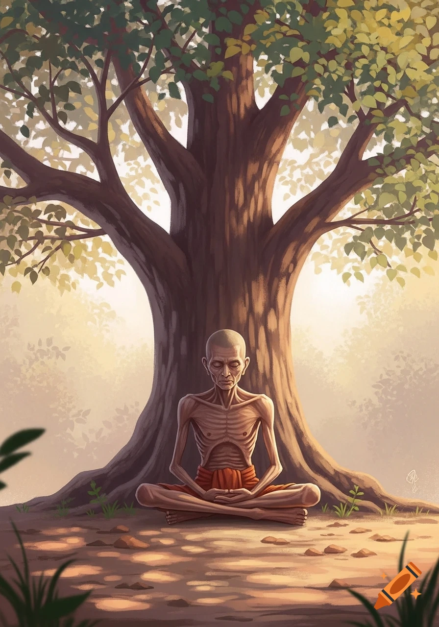 An emaciated Siddhartha Gautama meditates under a large tree in an illustrative realism style with pastel colors.