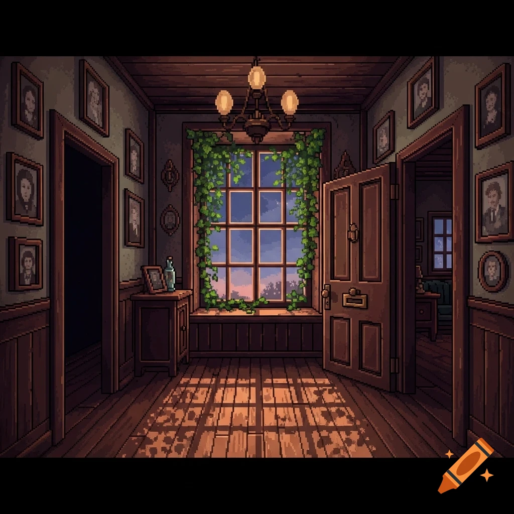 Pixel art of an old house's dimly lit hallway, with sunlight streaming through a large window, illuminating the wooden floor.