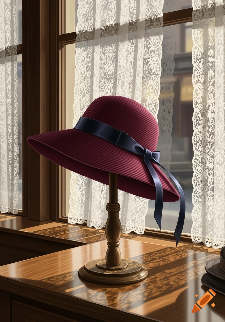 A red women's hat with a black ribbon sits on a wooden stand in front of a window with white lace curtains.