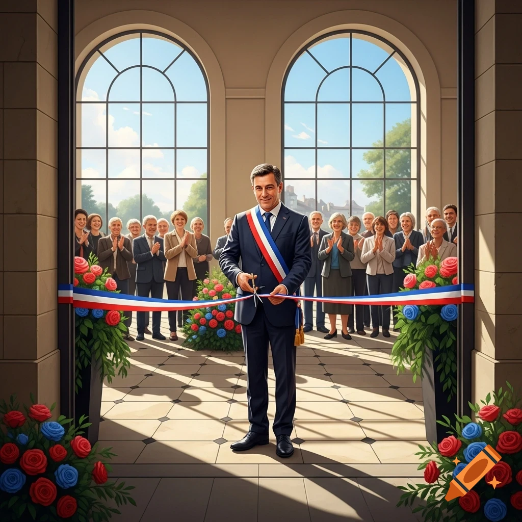 A man in a suit and tricolor sash cuts a red, white, and blue ribbon at an inauguration, with a clapping crowd in a grand hall.