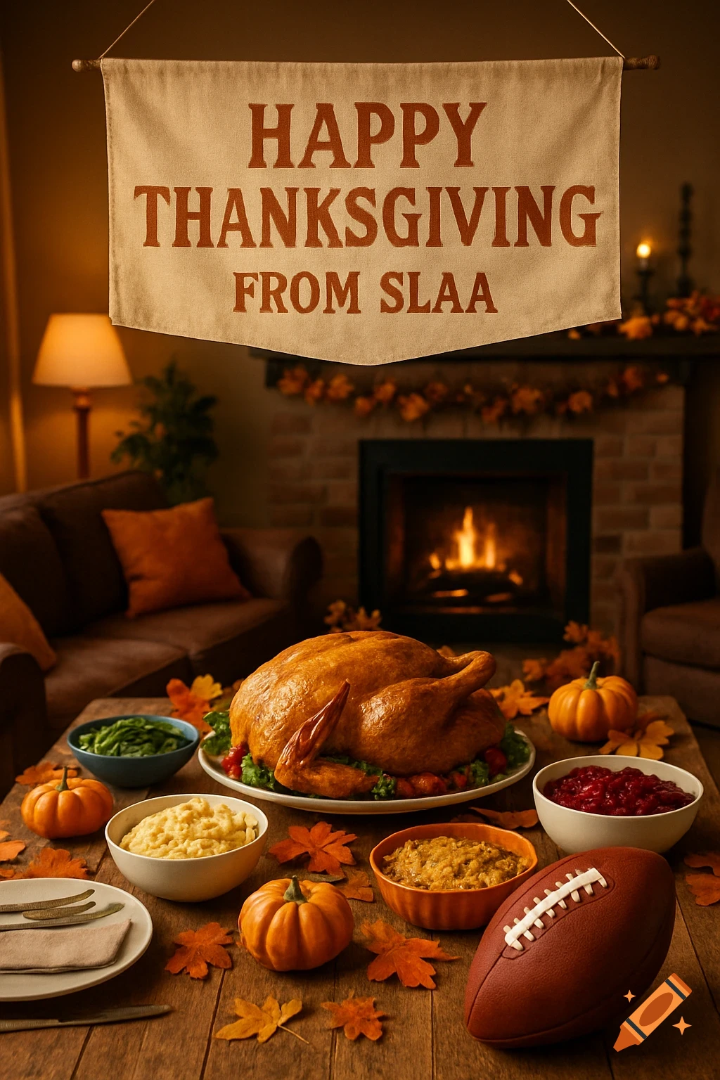A cozy Thanksgiving dinner scene with a roasted turkey, side dishes, pumpkins, a football, and a banner reading "HAPPY THANKSGIVING FROM SLAA".