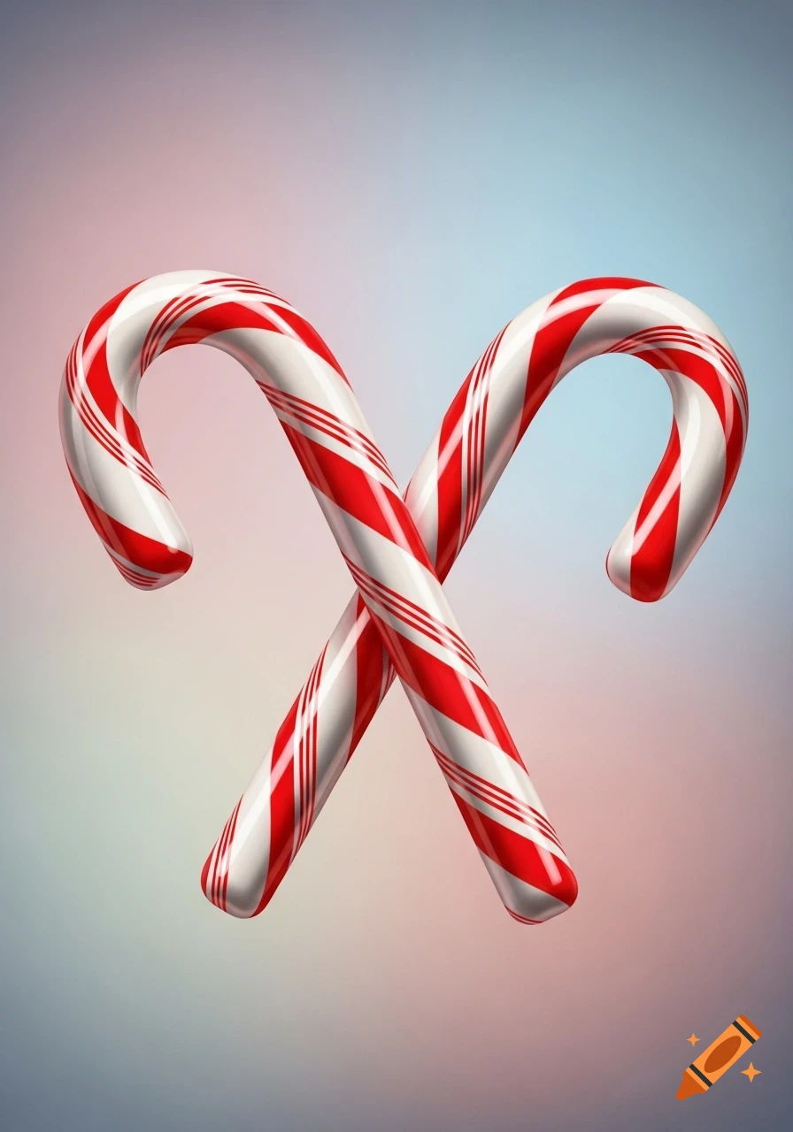 Two glossy red and white striped candy canes crossing each other, set against a soft, gradient background.
