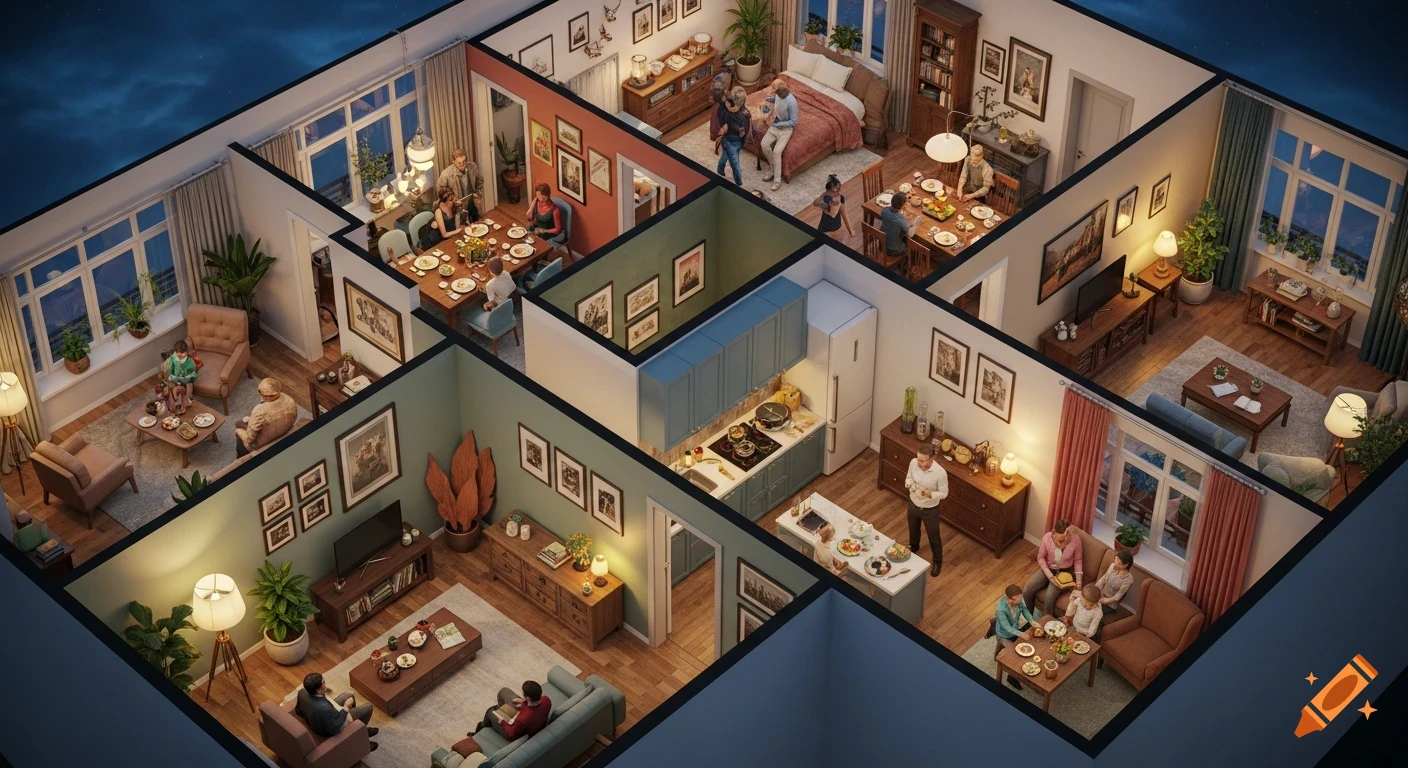 3D bird's eye view of a multi-room apartment showing people dining, relaxing, and cooking in fully furnished spaces.