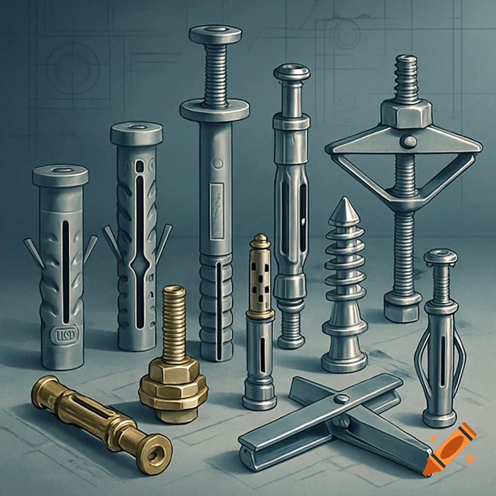A collection of various metal and brass wall anchors and screws on a blueprint-like background.