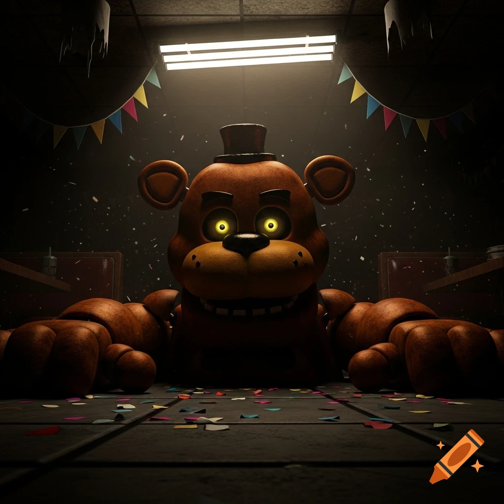 Freddy Fazbear lies on a dark, confetti-covered floor in a party room, his glowing eyes staring ahead in a 3D digital render.