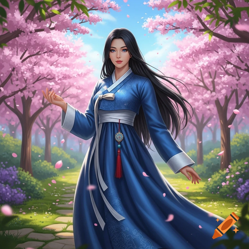 An Asian woman in a blue Hanbok stands in a vibrant cherry blossom garden with pink trees, her long black hair flowing.
