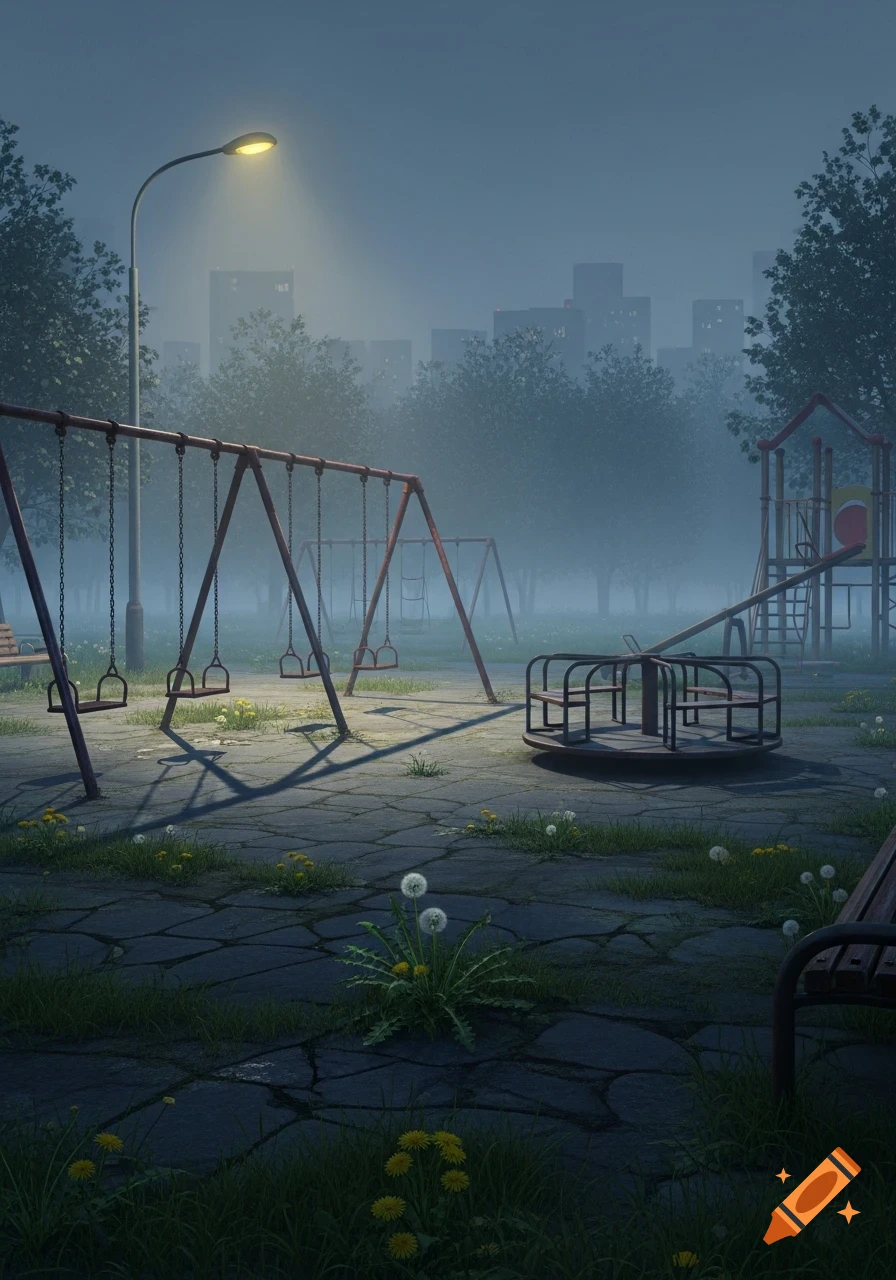A foggy, empty playground at night, lit by a single streetlamp, with swings and a merry-go-round, in an urban setting.