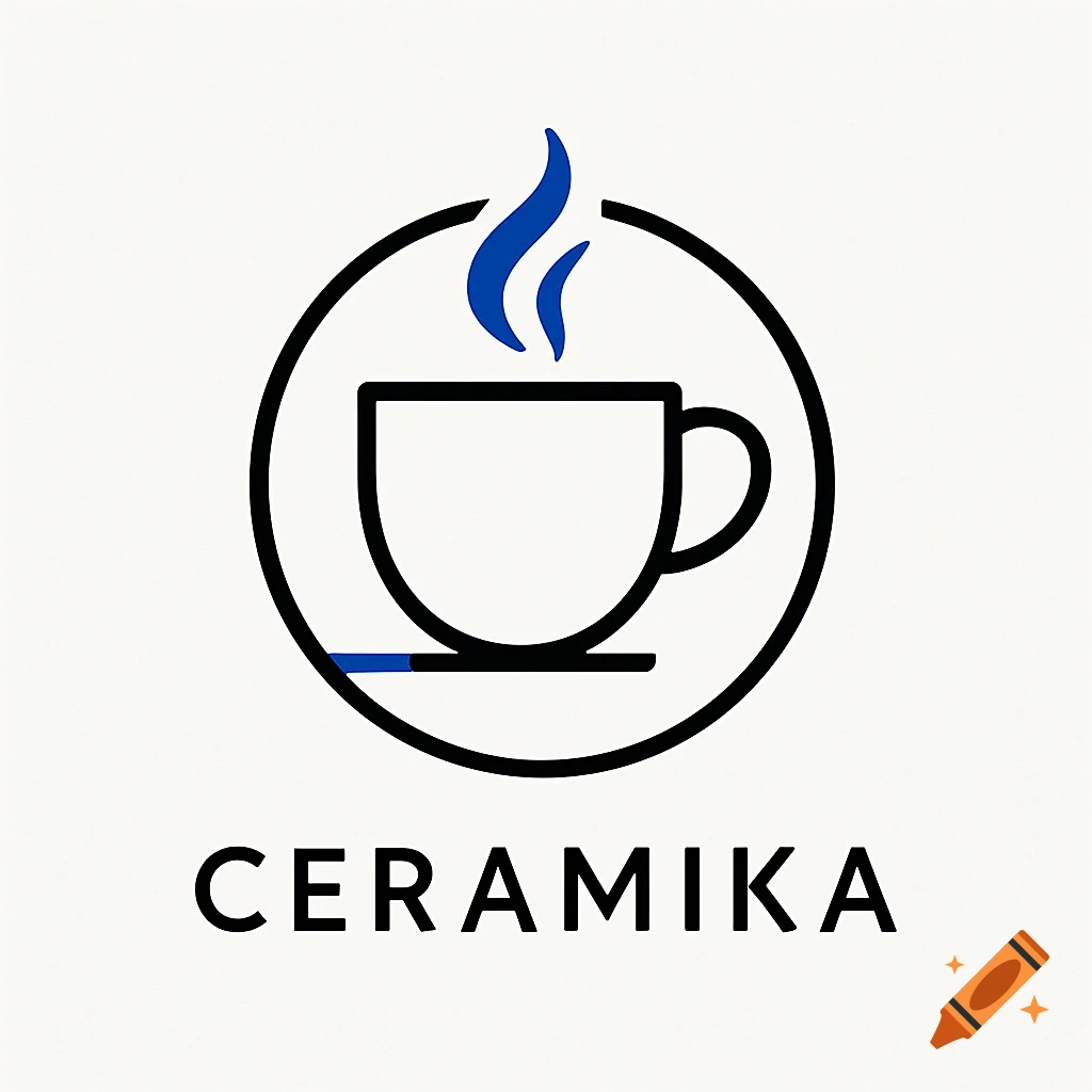 Minimalist logo featuring a black outline coffee cup with blue steam inside a circle, with "CERAMIKA" text below.