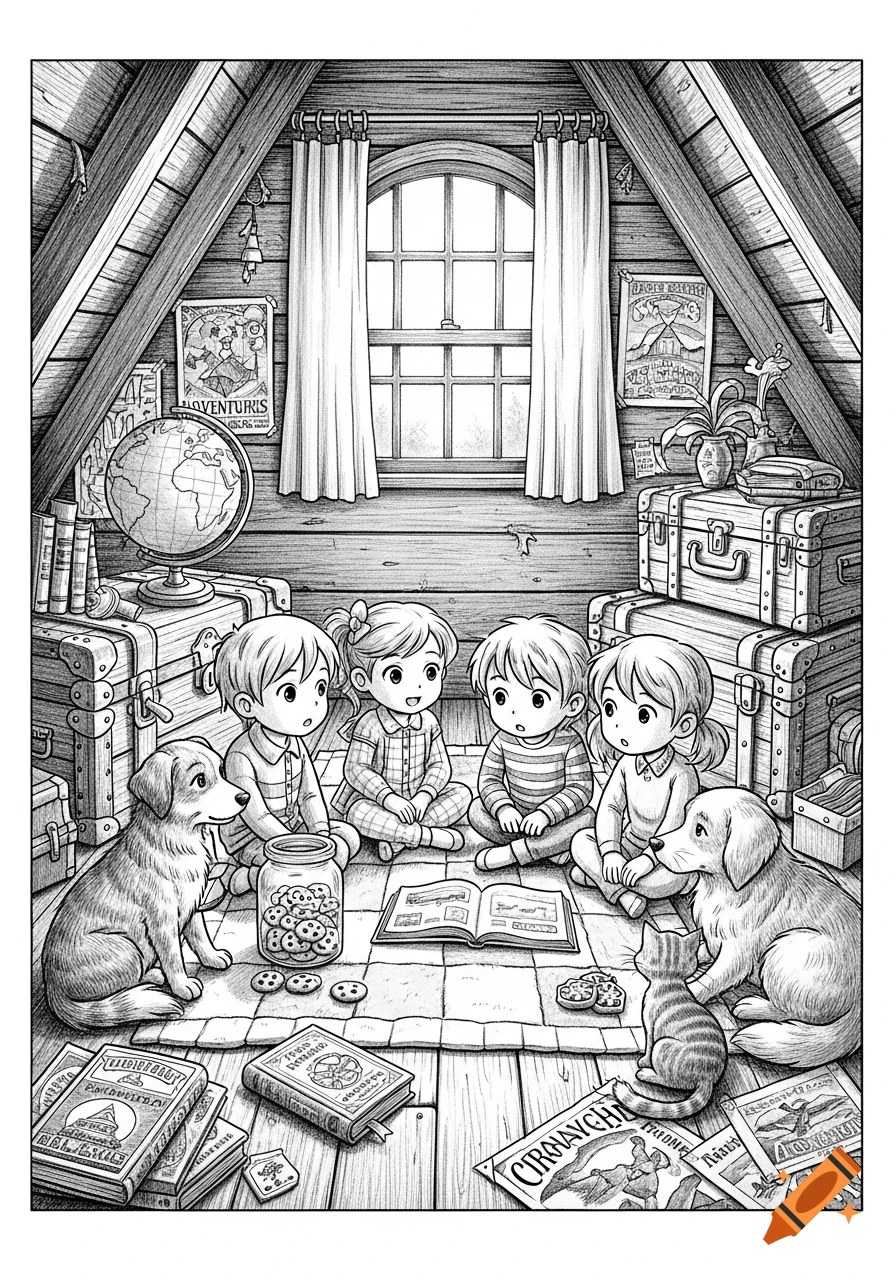 Black and white sketch of four children, two dogs, and a cat sitting on a rug in a cozy attic, gathered around an open book with a cookie jar.