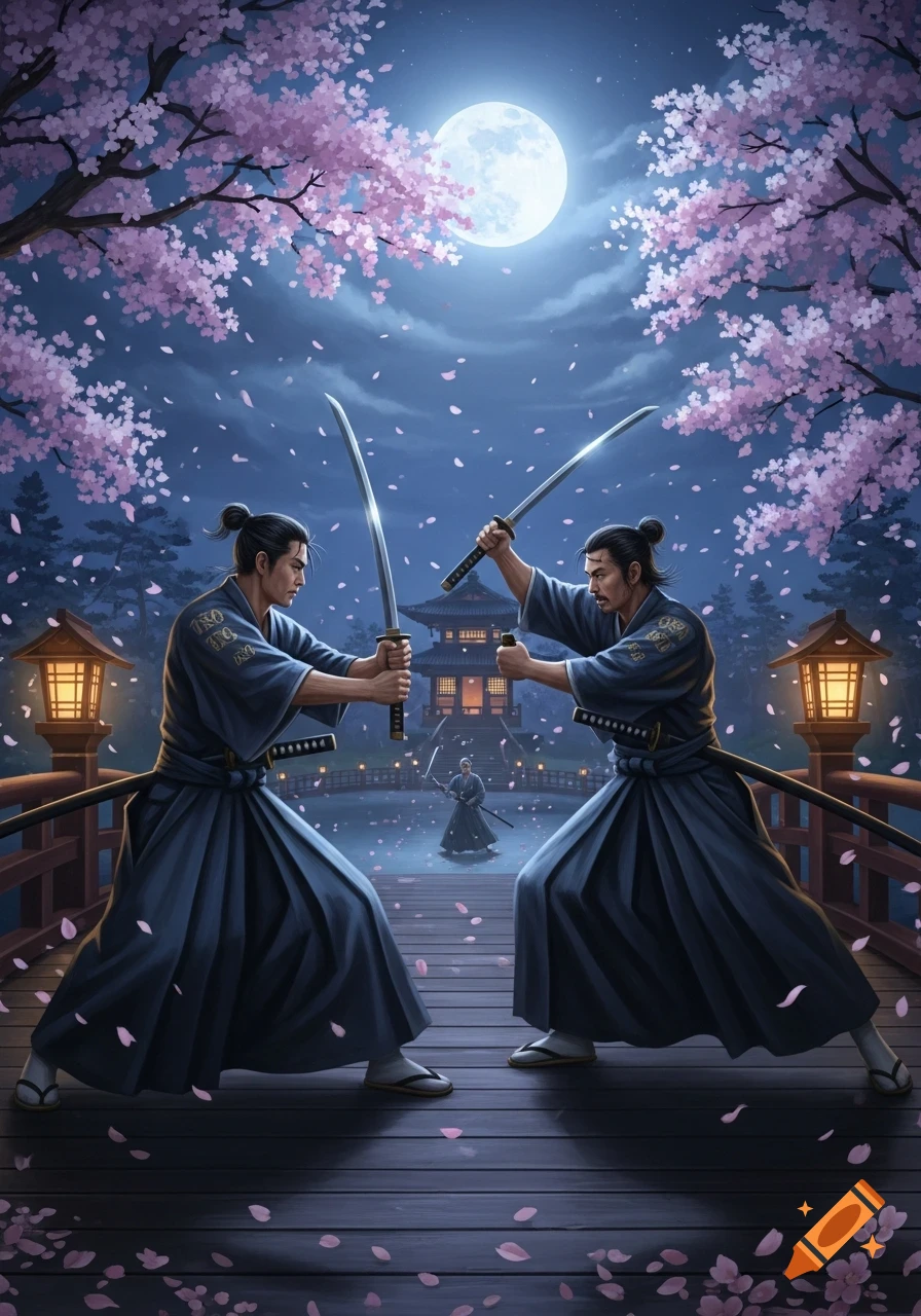 Two samurai face each other with katanas drawn on a wooden bridge under a full moon and falling cherry blossoms, with a temple in the background.
