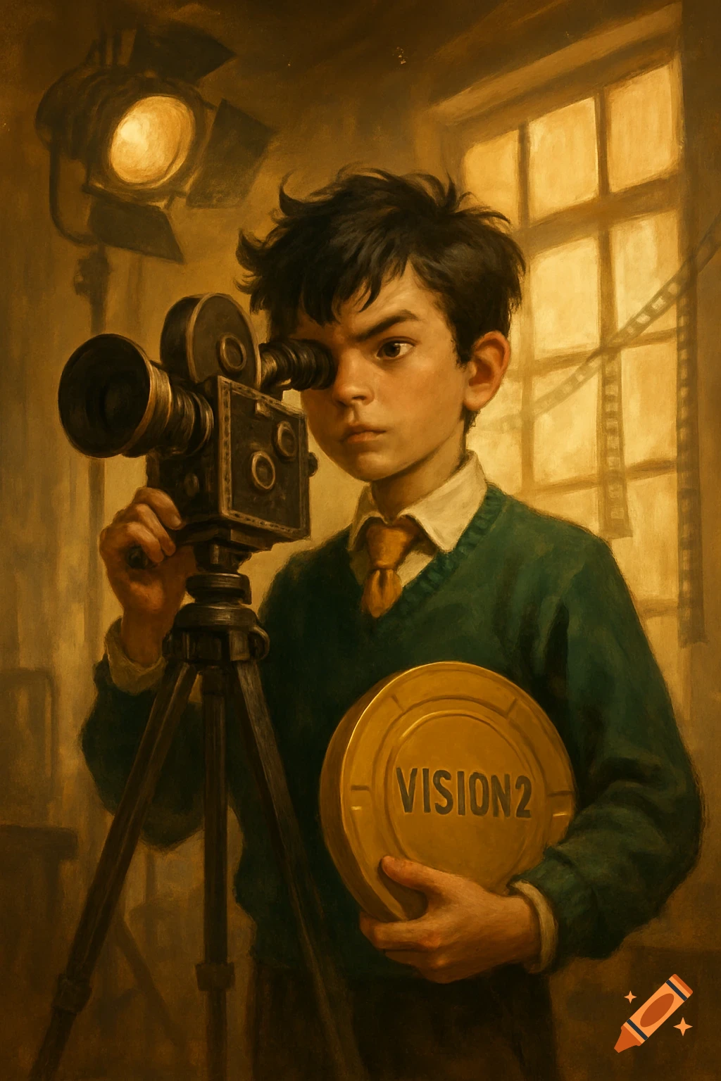 A young boy with dark hair and a green sweater looks through a vintage movie camera, holding a 'VISION2' film can, in a warm, painterly style.