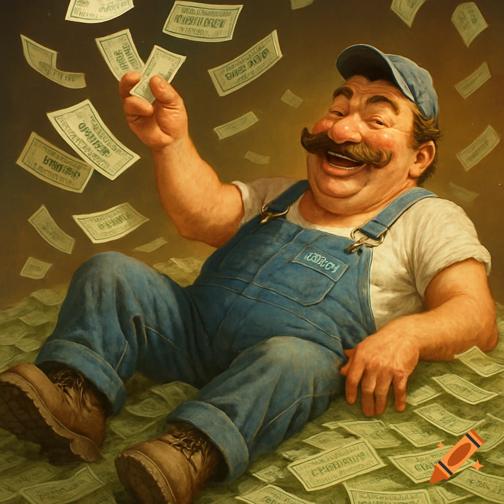 A jovial man with a large mustache and blue overalls lies on a pile of money, joyfully catching more falling cash.