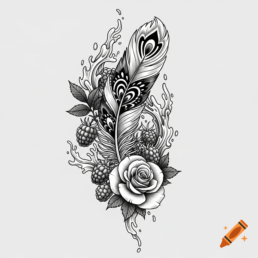 Stylized black and white tattoo design featuring a decorative feather, raspberries, a rose, leaves, and swirling water.