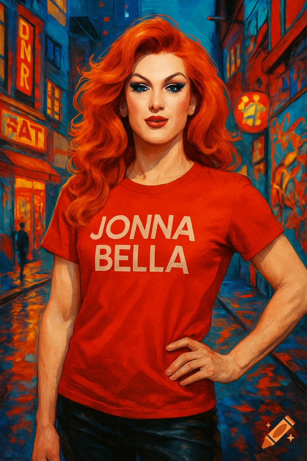 A vibrant painting of a redhead drag queen wearing a red t-shirt that reads "JONNA BELLA" on a rainy city street at night.