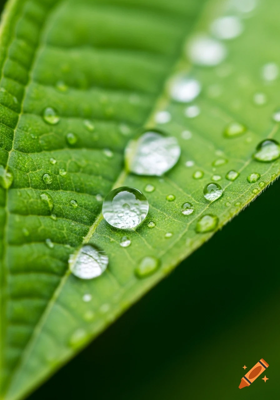 Close-up of clear water droplets glistening on a vibrant green leaf, showcasing intricate details and shallow depth of field.