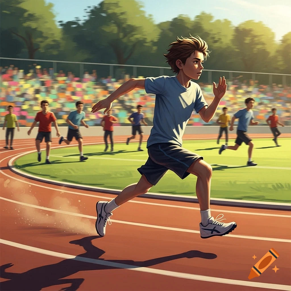 An illustrated boy sprints on a running track with other athletes and a stadium crowd in the sunny background.