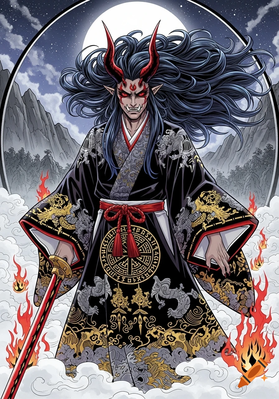 A manga style drawing of a Japanese demon king with red horns, long dark hair, and sharp teeth, wearing a black kimono with ornate patterns, holding a sword, amidst flames and clouds under a full moon.
