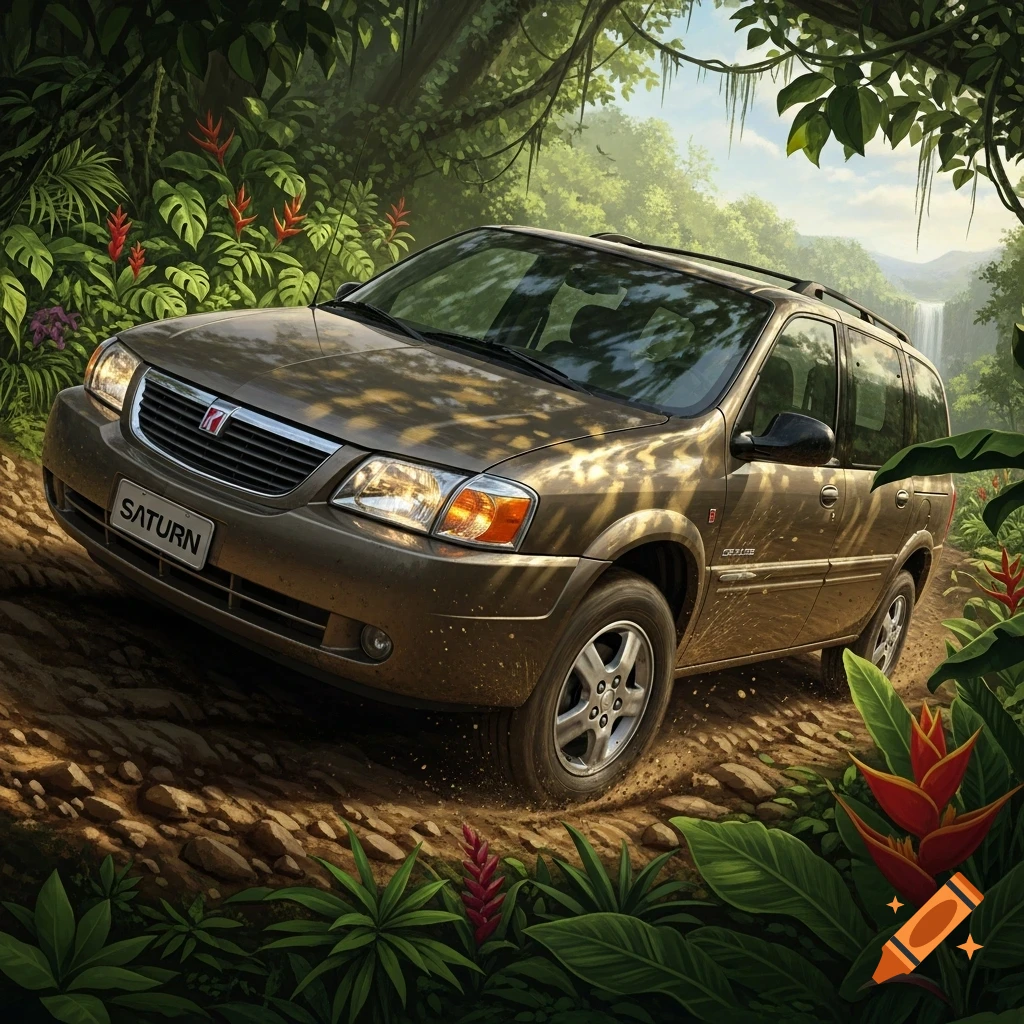 A gold 2007 Saturn Relay SUV drives on a muddy dirt road through a lush green jungle with red flowers and a distant waterfall in photorealistic style.