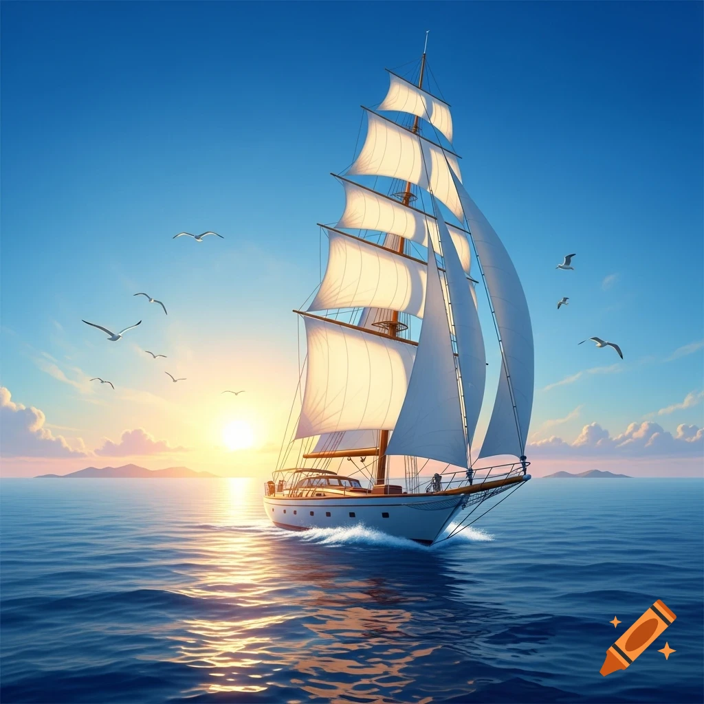 A majestic white sailboat with multiple sails glides across a calm blue ocean at sunset, with seagulls flying in the clear sky.
