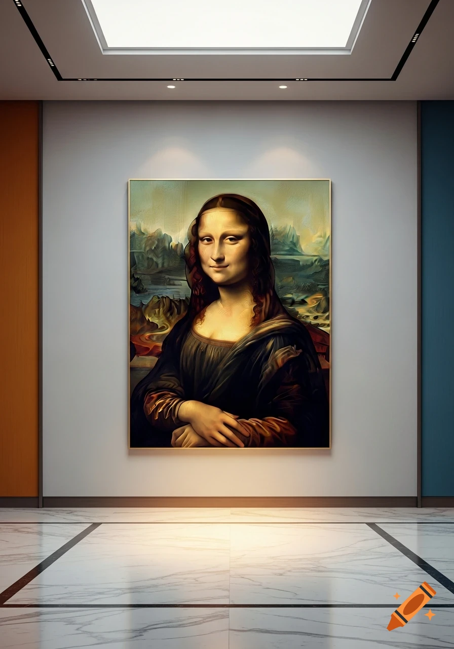 Mona Lisa painting on a wall in a modern art gallery with reflective marble floors.