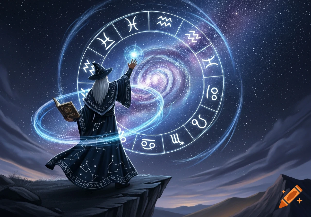 A wizard with a long white beard stands on a cliff, holding a spellbook and raising a hand towards a swirling galaxy surrounded by a glowing zodiac wheel in the night sky.