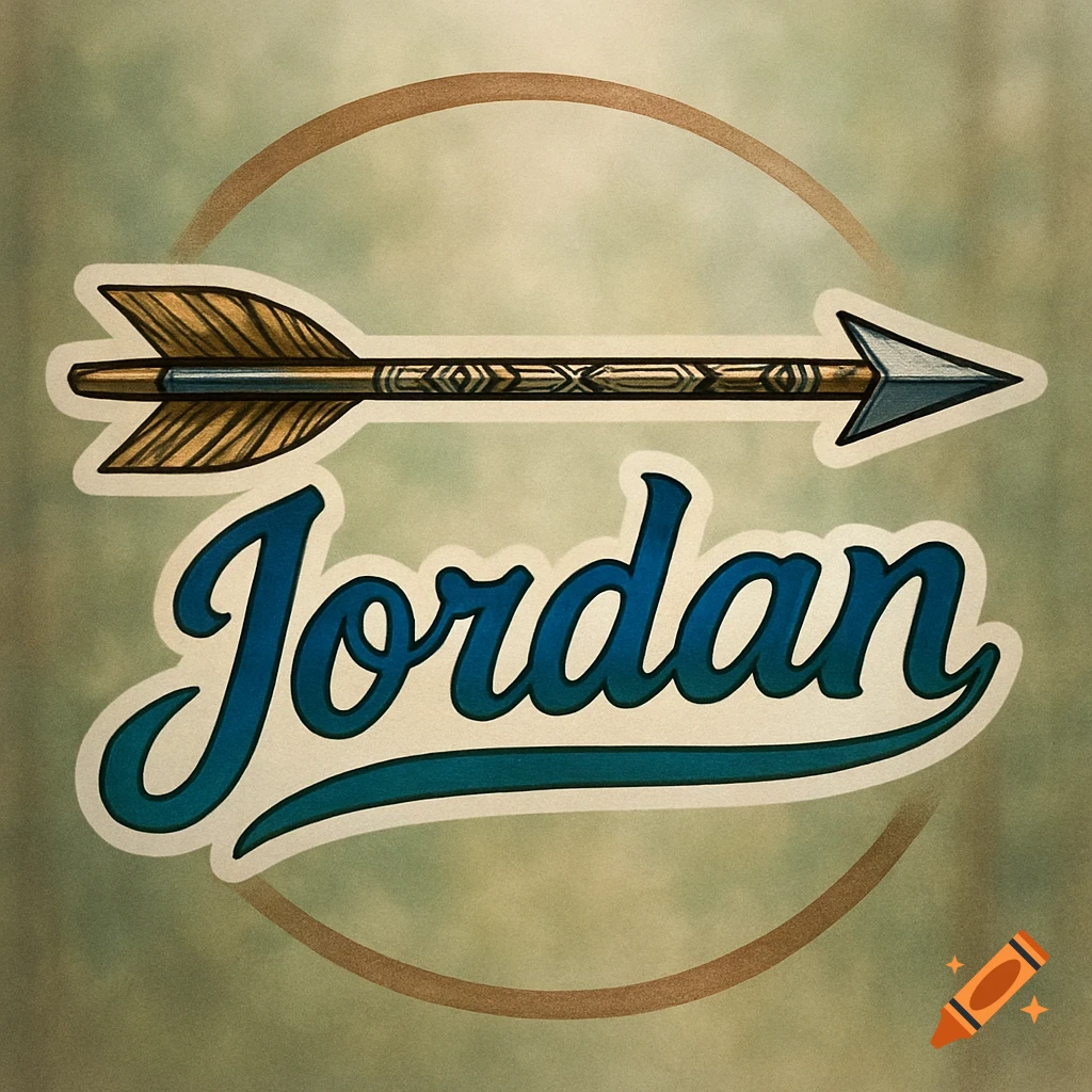A stylized graphic featuring an arrow with a feathered fletching and a decorated shaft, positioned above the name "Jordan" written in a blue script font with a white outline, set against a light green background.