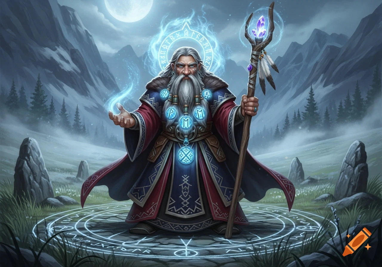 A grey-bearded wizard in a red and blue robe, holding a glowing staff, stands on a rune-covered circle in a misty mountain valley under a full moon, with glowing magical energy emanating from his hands and head.