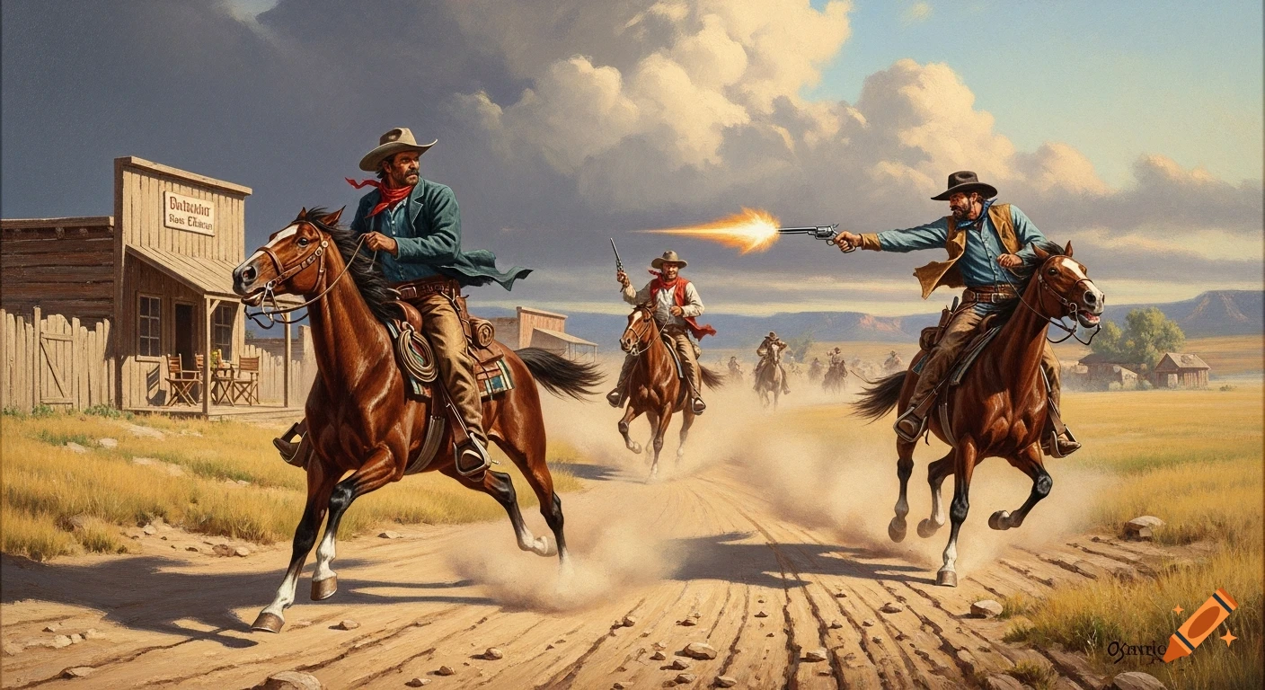 An intense oil painting of a Wild West chase. A cowboy on horseback flees a dusty town while another pursues, firing a revolver with a muzzle flash.