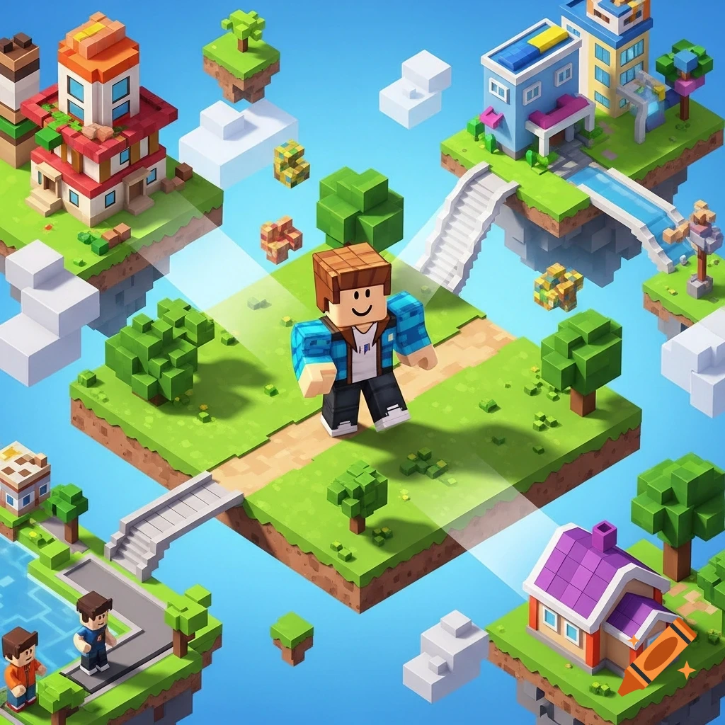Isometric view of a blocky world with floating islands, a smiling Roblox-style character, houses, trees, and bridges.