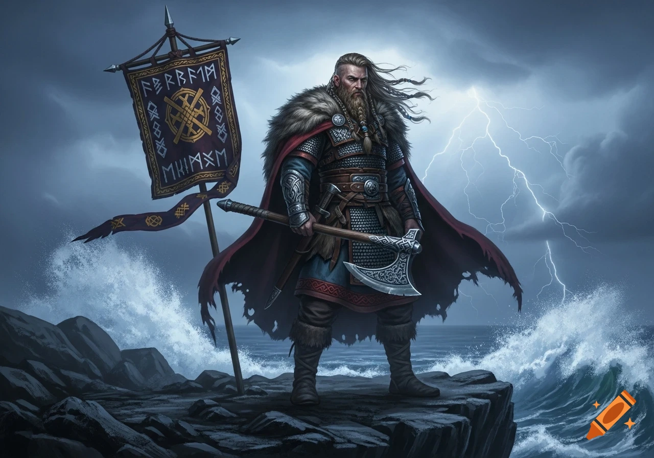 A fierce Viking warrior stands on a rocky cliff, holding an axe and a banner against a stormy sea and lightning.