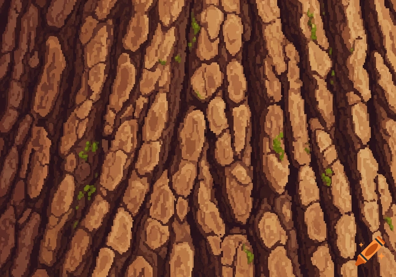 Pixel art close-up of brown tree bark with green moss and deep crevices.