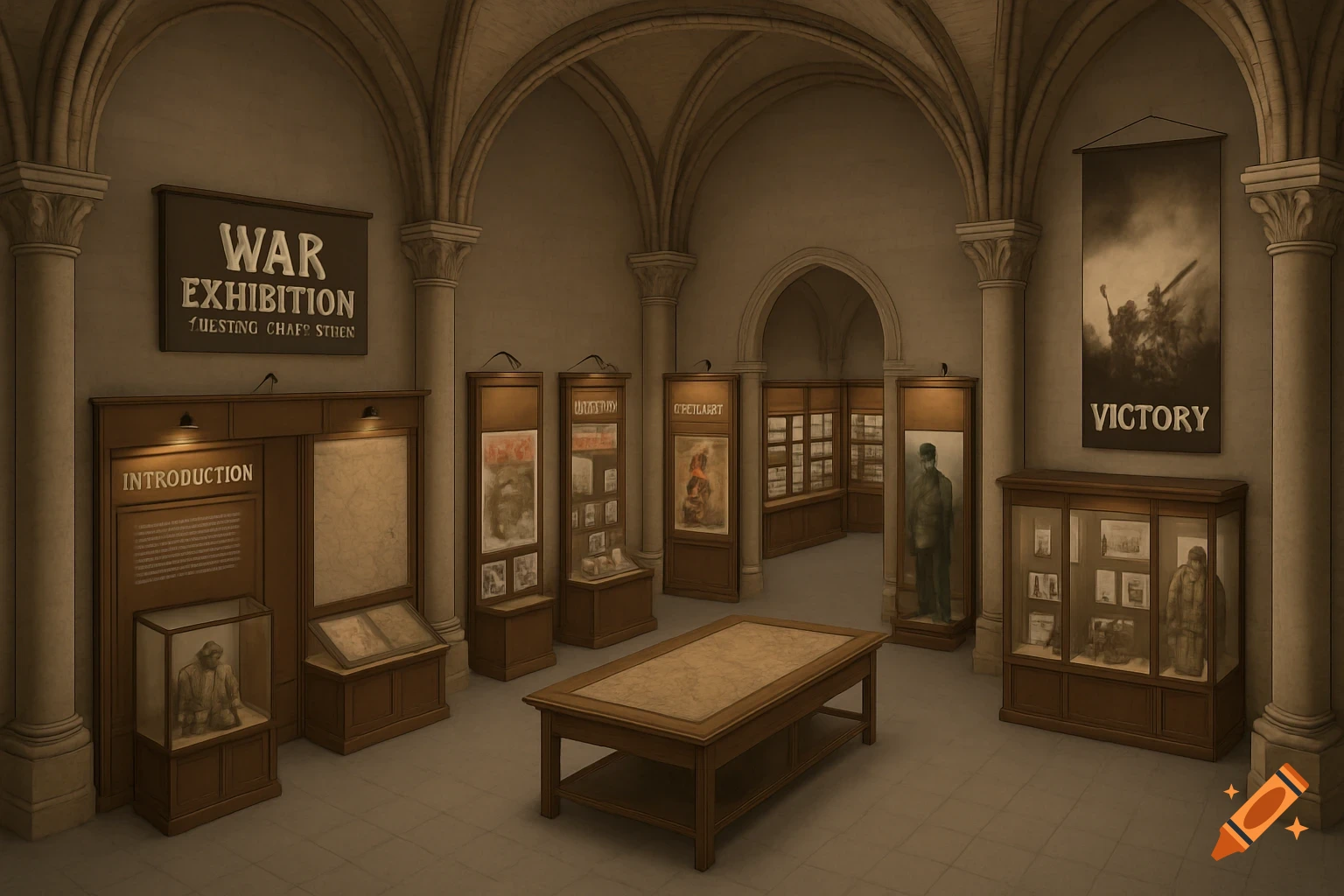 An interior view of a war exhibition in a vaulted hall, with display cases, a central table, and banners saying 'WAR EXHIBITION' and 'VICTORY'.