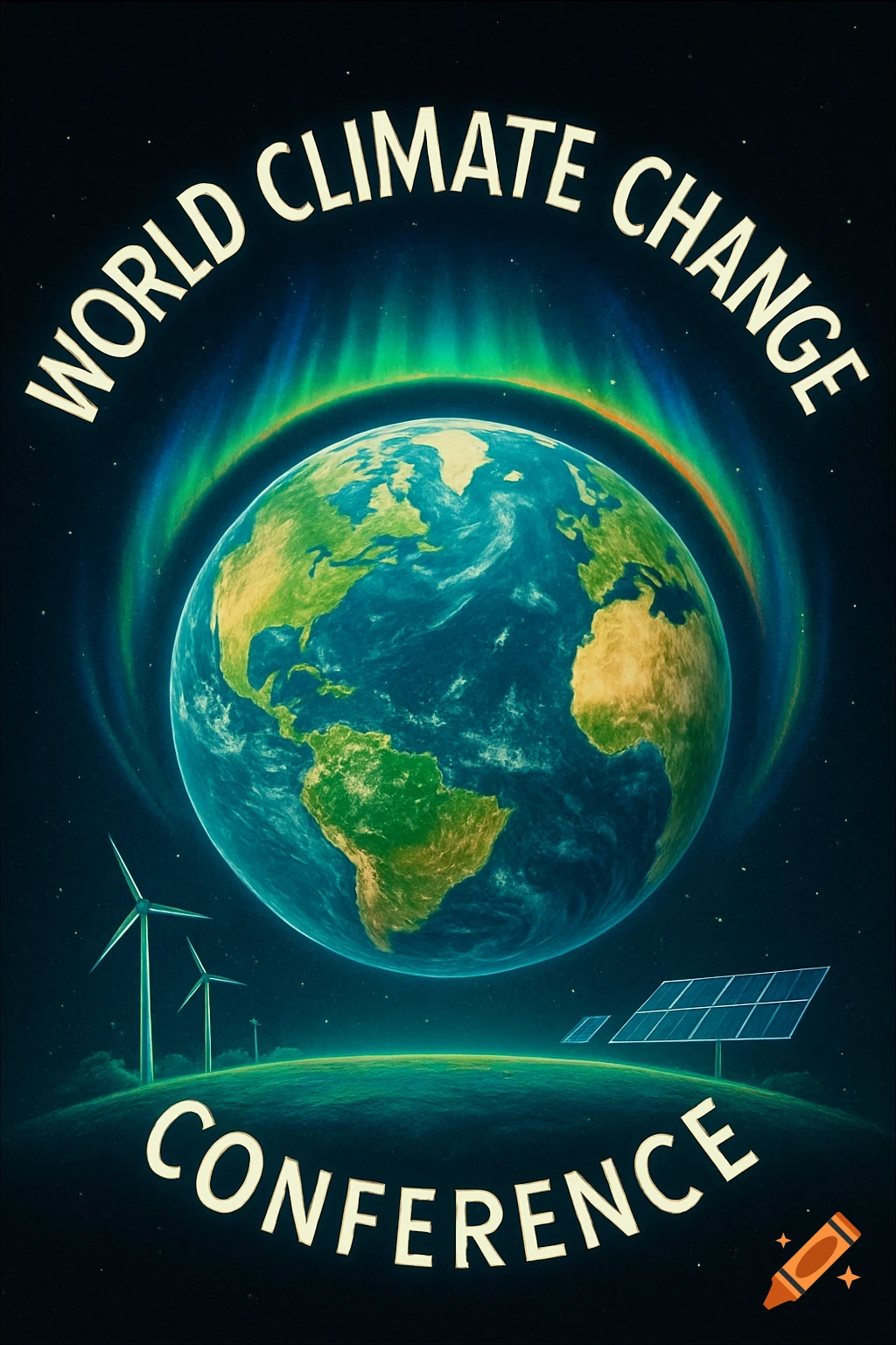 A poster for a "World Climate Change Conference" featuring Earth, wind turbines, and solar panels under an aurora.