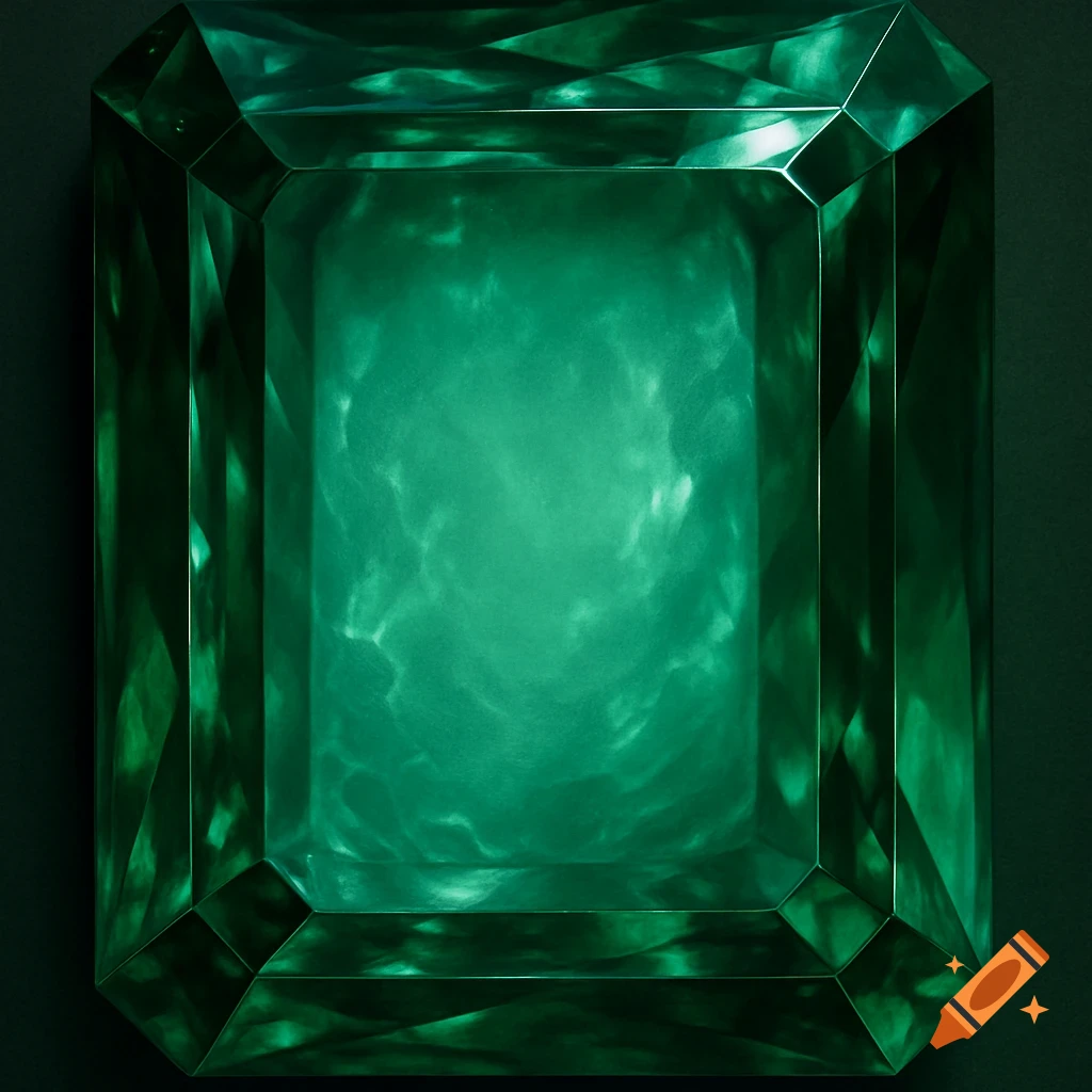 A dazzling rectangular green emerald gemstone fills the frame, with a lighter, slightly cloudy center.