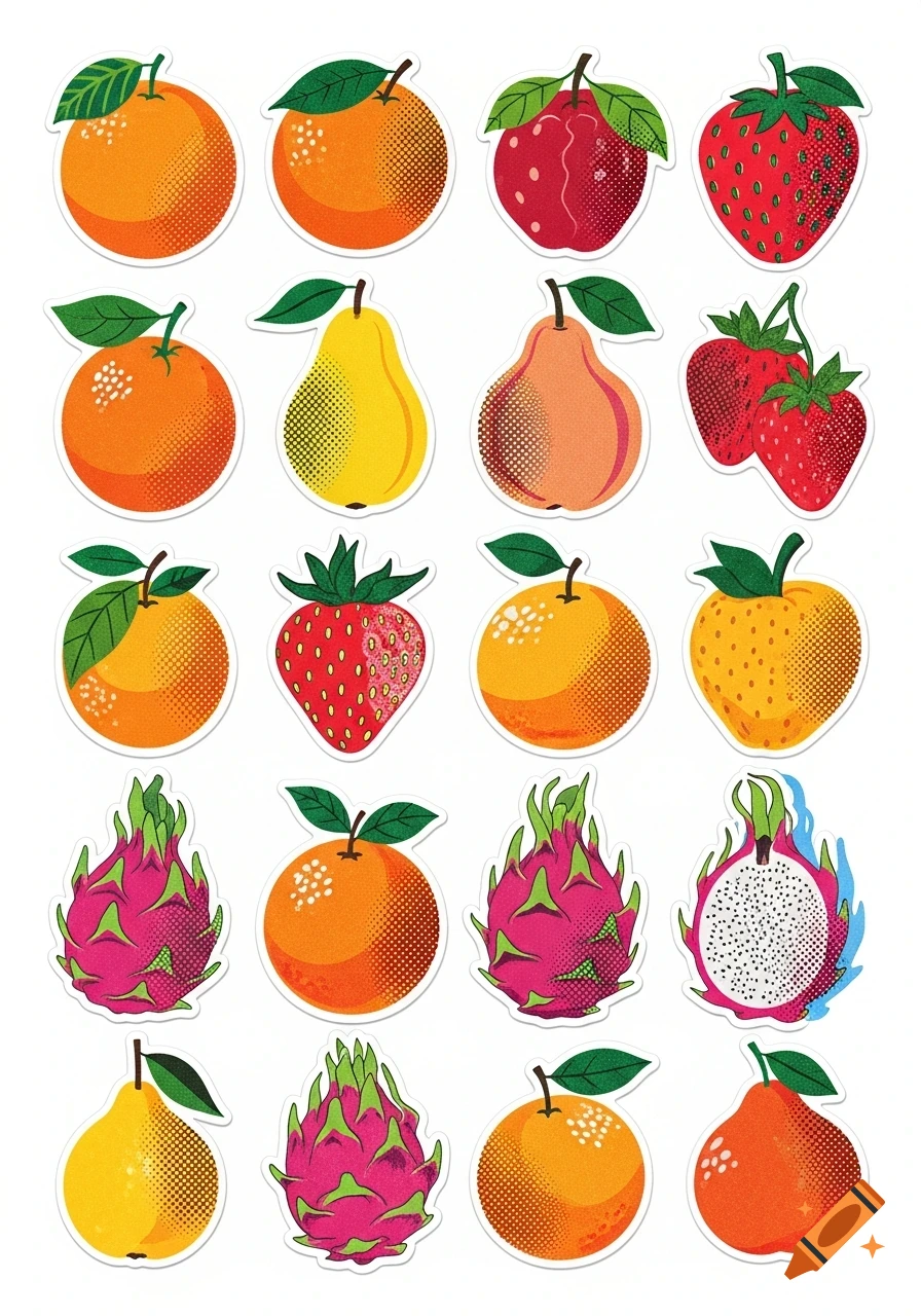 A white background features a grid of colorful fruit stickers in a riso style, including oranges, pears, strawberries, and dragon fruits.