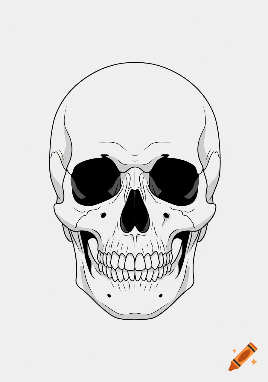 A basic, front-facing illustration of a human skull with black eye sockets and nose cavity on a light background.
