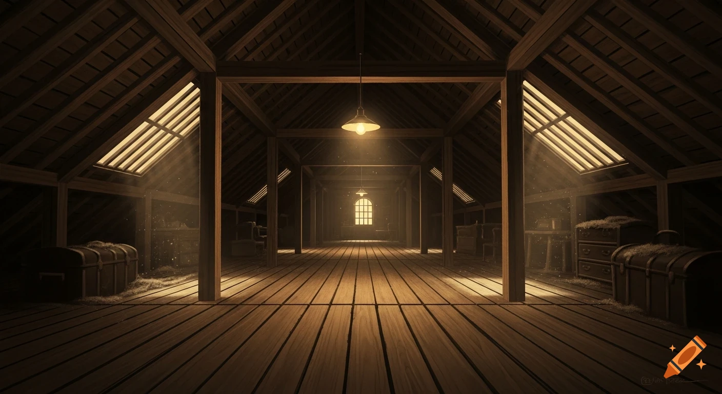 A long, dimly lit wooden attic with a central hanging lamp and light shafts from windows revealing dust particles.