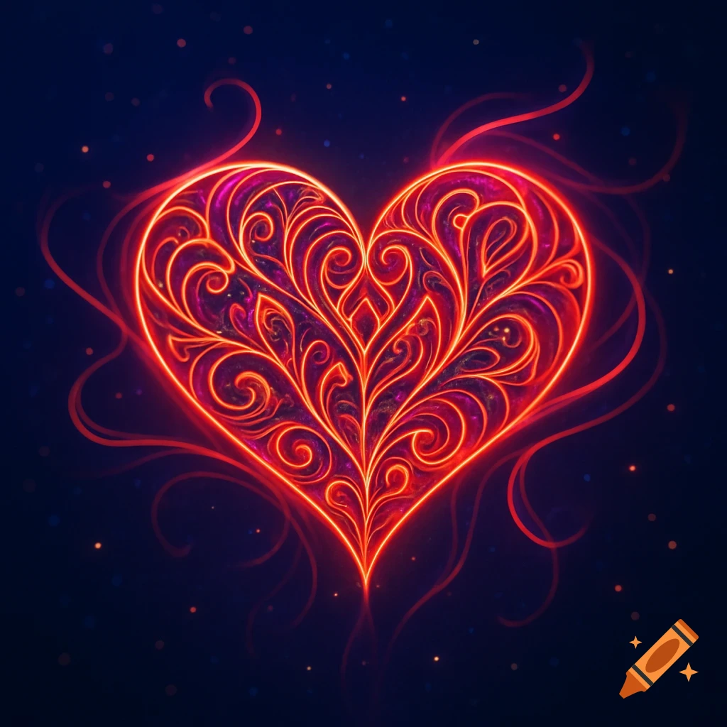 A vibrant, glowing red heart with intricate, ornate filigree patterns against a dark, starry background.