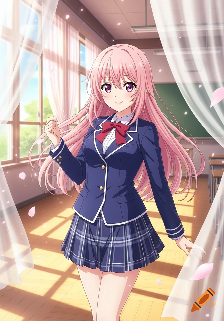 Anime schoolgirl with long pink hair and purple eyes, wearing a blue uniform, smiling in a sunlit classroom with falling cherry blossom petals.