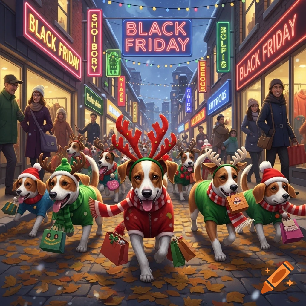 A bustling street scene with numerous Jack Russell terriers dressed in festive holiday outfits, holding tiny shopping bags, participating in a Black Friday sale. Neon signs illuminate the shops while people walk in the background amidst autumn leaves.