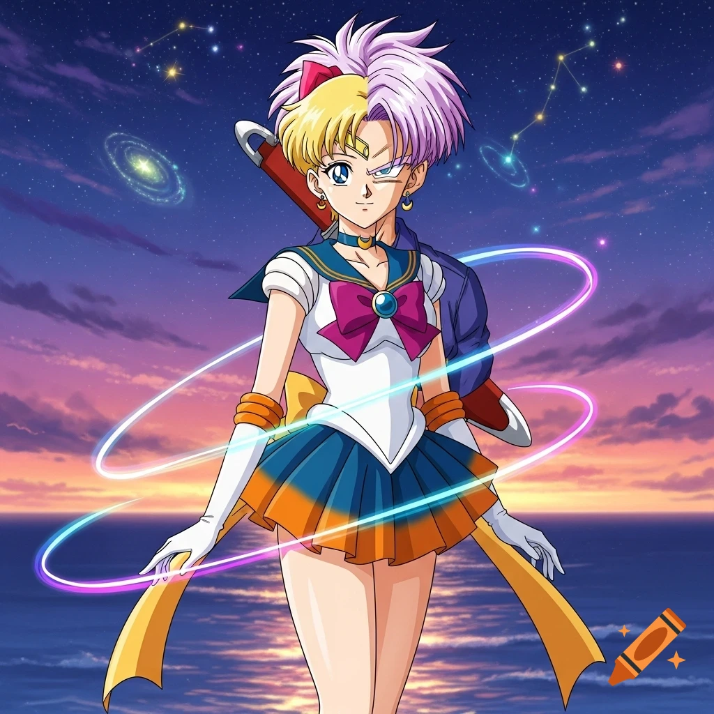 A stylized anime character, a fusion of Sailor Venus and Trunks, stands against a cosmic sunset with galaxies and constellations.